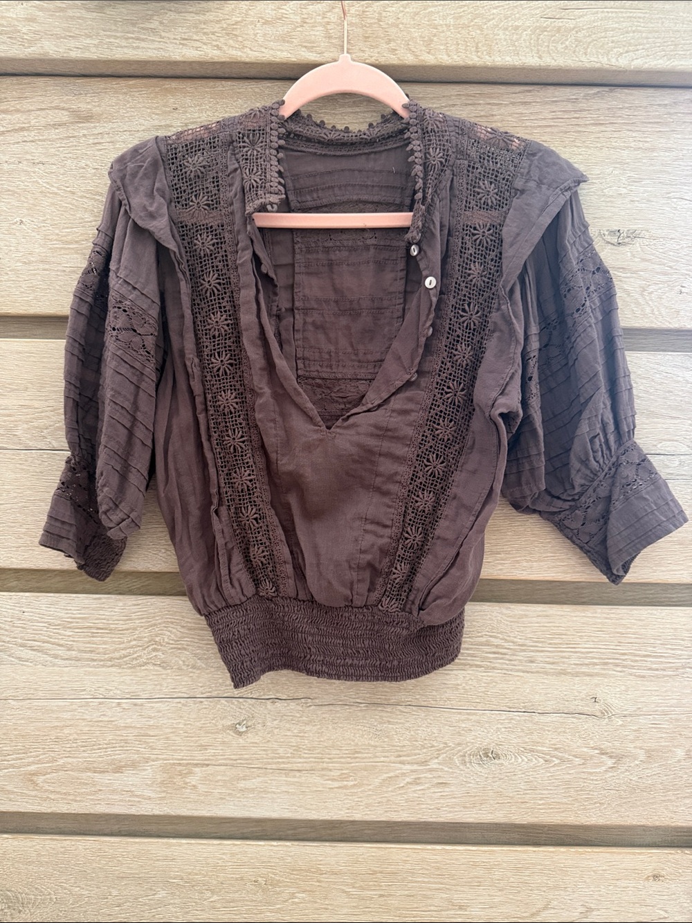 Free People Brownish Purple Lace-Trim Peasant Blouse - Women's Top BOHO western - Picture 6 of 7